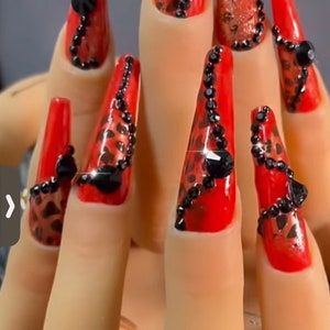 Stunning black and  fire orange red leopard bling  swirl extra long  coffin  Luxury Press on Gel X Nails/all shapes and sizes available