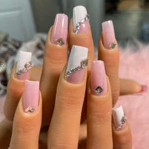 Unique  French square with gems  Luxury Press on Gel X Nails/all shapes and sizes available
