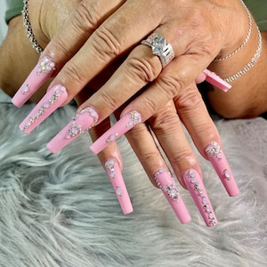 Princess pink matte bling wedding extra long square Luxury Press on Gel X Nails/all shapes & sizes avail.