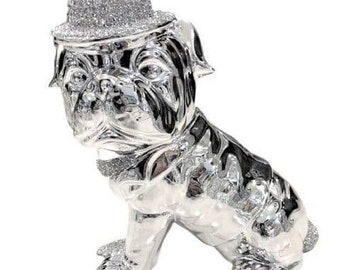 Silver Bull Dog Hat Crushed Diamond Diamante Crystal Encrusted Figurine Set Home Decor Designer Ornament House Decoration Gift