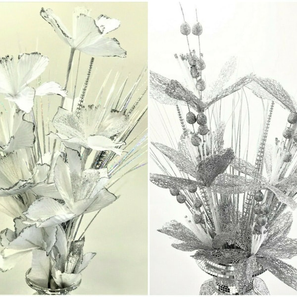 Artificial Flowers Silver White Bunch Bling Glitter Bead Shoot For Vase