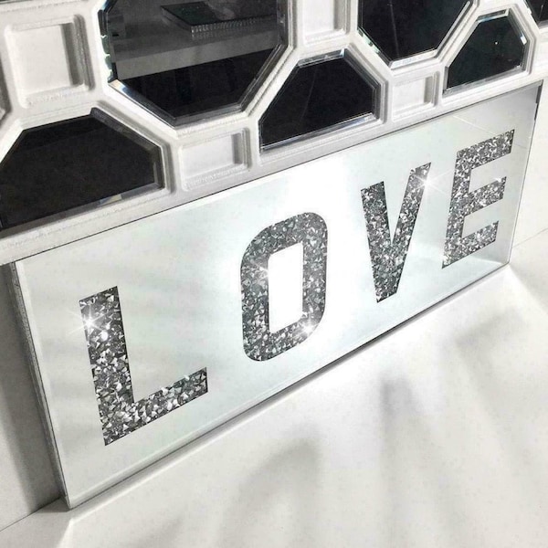 Silver Mirror Glass LOVE Sign Wall Hanging Art Plaque Crushed Diamond Diamante Crystal filled New Gift Home Decoration Decor