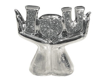 Beautiful Crushed Diamond Silver Heart I Love U Valentines Crystal Decorative Mirror Luxury Figurine