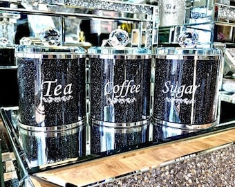 Crushed Diamond Crystal Black filled tea coffee sugar canisters jars Luxury