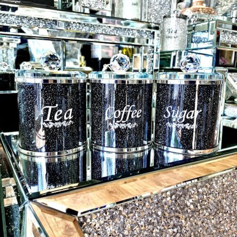 Crushed Diamond Crystal Black filled tea coffee sugar canisters jars Luxury image 1