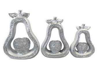 Silver Pear Set of 3 Crushed Diamond Diamante Crystal Encrusted Figurine Set Home Decor Designer Ornament House Decoration Gift