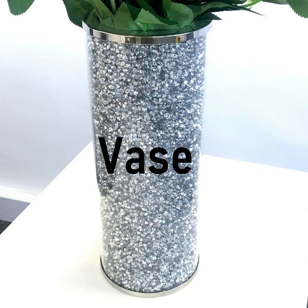 Beautiful Crushed Diamond Vase Diamante Silver Crystal Decorative Mirror Flower Luxury NEW