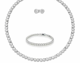 Tennis Necklace Earrings Rhodium Bridal Bracelet Set Swarovski