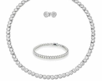 Tennis Halskette Ohrringe Rhodium Braut Armband Set Swarovski Inspiriert 3er Set