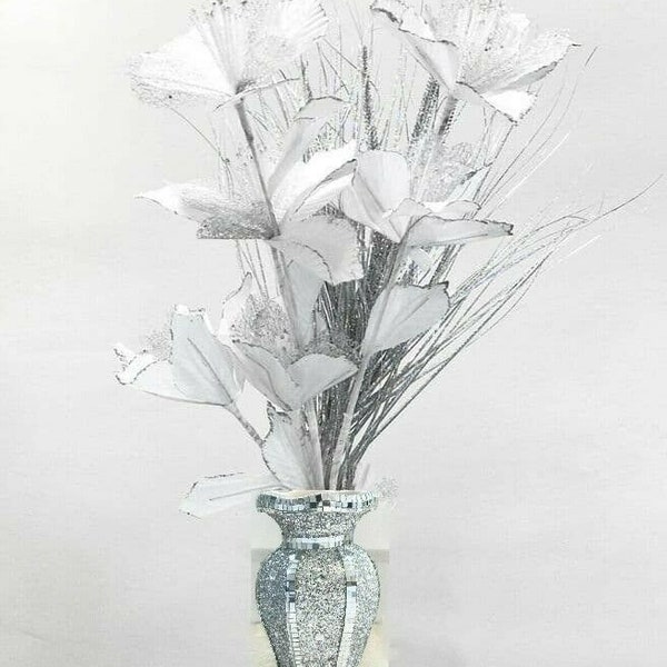 Beautiful Mosaic Vase and Flowers Diamond Silver Crystal Decorative Mirror Artificial Flower Luxury NEW