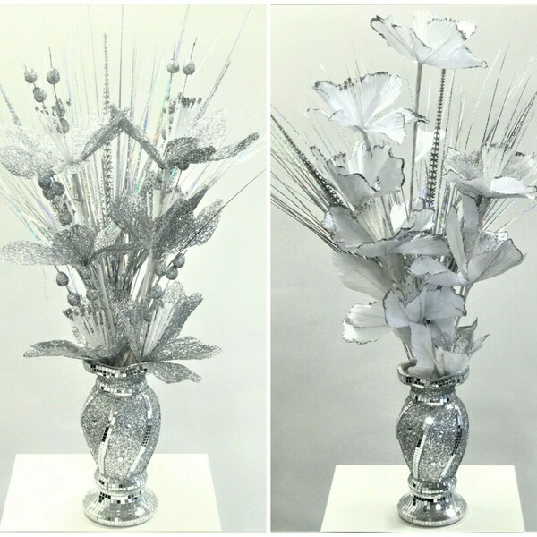 Belle mosaïque Vase et fleurs Diamant Argent Cristal Miroir décoratif Fleur artificielle Luxe NOUVEAU