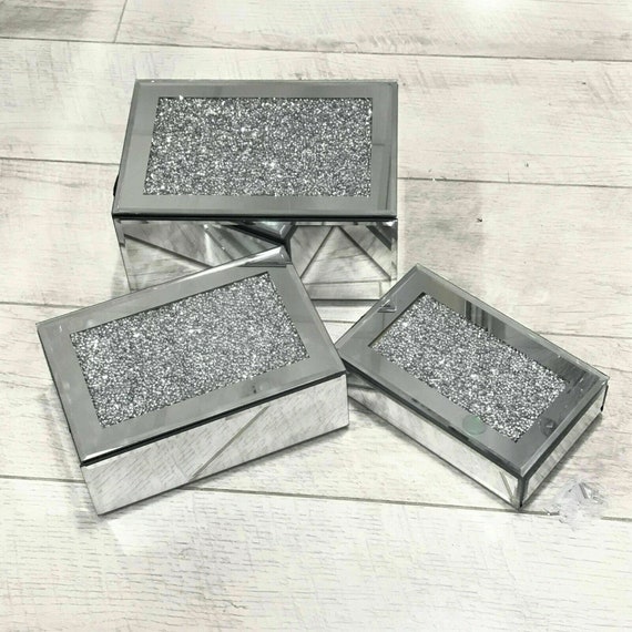 New Sparkle Diamante Jewel Set Of 4 Square Silver Mirror Crushed Crystal Coaster