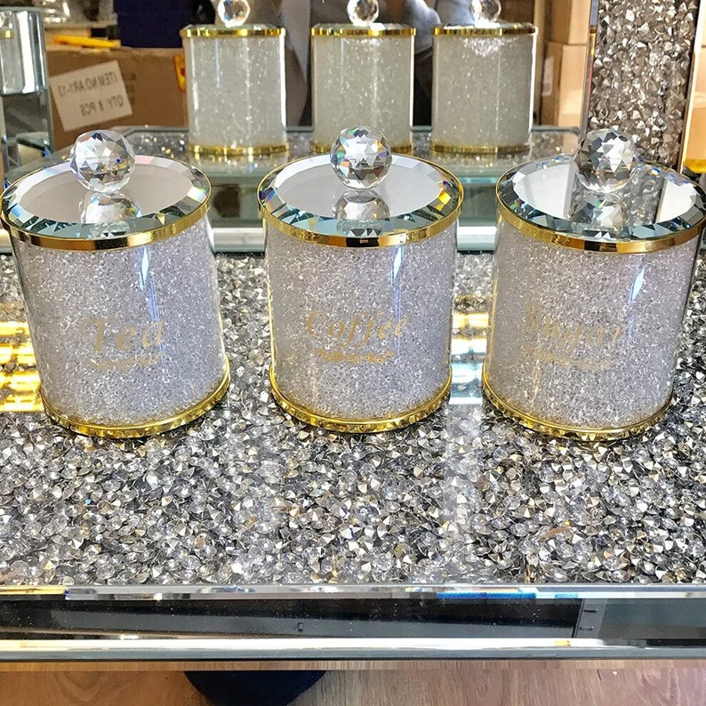 Crushed Diamond Crystal White Gold filled tea coffee sugar canisters jars Luxury 