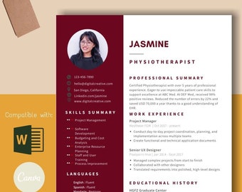 CV Template word | 5 page pack | maroon and white resume | simple resume | professional CV | physiotherapy resume | fully editable template