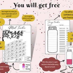 May include: A digital printable mood tracker and savings tracker on a pink background. The mood tracker features a tree with leaves to color in. The savings tracker is a jar with lines to track deposits. Text includes "Mood Tracker" and "Saving Tracker".