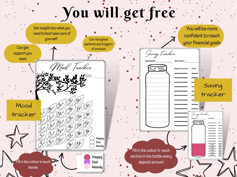 May include: A digital printable mood tracker and savings tracker on a pink background. The mood tracker features a tree with leaves to color in. The savings tracker is a jar with lines to track deposits. Text includes "Mood Tracker" and "Saving Tracker".