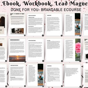 May include: A digital product layout featuring an ebook, workbook, and lead magnet. The cover of the ebook reads "Live Happily." The layout includes various pages with text and images, and the words "DONE FOR YOU- BRANDABLE ECOURSE" are at the top.