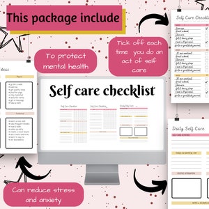 May include: A digital self-care package with a computer monitor and several printable checklists. The checklists include daily self-care ideas, a self-care checklist for August, and daily self-care activities. The text includes phrases like "To protect mental health" and "Can reduce stress and anxiety."