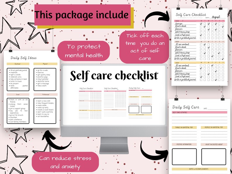 May include: A digital self-care package with a computer monitor and several printable checklists. The checklists include daily self-care ideas, a self-care checklist for August, and daily self-care activities. The text includes phrases like "To protect mental health" and "Can reduce stress and anxiety."
