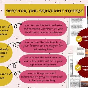 May include: A digital marketing graphic with text that reads "DONE FOR YOU - BRANDABLE ECOURSE". The graphic suggests using a workbook for various purposes, including starting a business, online courses, and coaching. The graphic includes the phrases "start your empire" and "increase value".