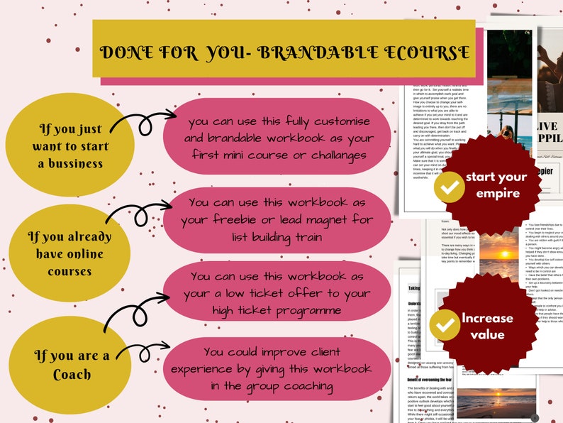 May include: A digital marketing graphic with text that reads "DONE FOR YOU - BRANDABLE ECOURSE". The graphic suggests using a workbook for various purposes, including starting a business, online courses, and coaching. The graphic includes the phrases "start your empire" and "increase value".