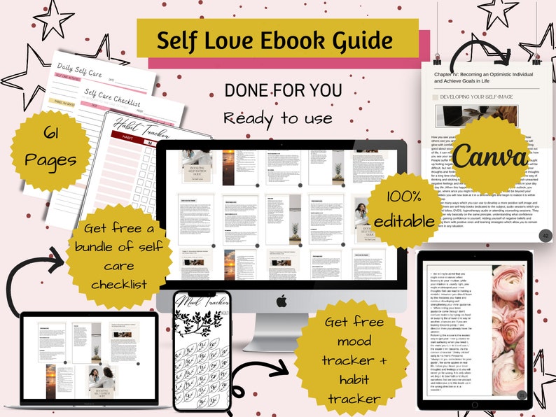 May include: A digital self-love ebook guide with the title "Self Love Ebook Guide" and the text "Done For You, Ready to use". The image shows a computer, tablet, and phone displaying the ebook's pages, including a mood tracker and habit tracker.