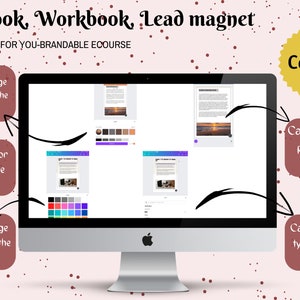 May include: A silver iMac computer displays an ebook template with customizable features. Text on the screen includes "Ebook, Workbook, Lead magnet" and "DONE FOR YOU-BRANDABLE ECOURSE." The design allows for changes to the border color, fonts, and photos within the ebook. A yellow Canva logo is also visible.