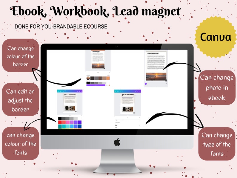 May include: A silver iMac computer displays an ebook template with customizable features. Text on the screen includes "Ebook, Workbook, Lead magnet" and "DONE FOR YOU-BRANDABLE ECOURSE." The design allows for changes to the border color, fonts, and photos within the ebook. A yellow Canva logo is also visible.