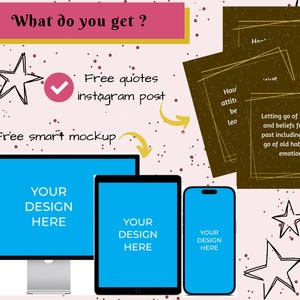 May include: A digital design mockup featuring a desktop computer, tablet, and smartphone with blue screens displaying "YOUR DESIGN HERE." The image includes text: "What do you get?" and "Free quotes instagram post" and "Free smart mockup."