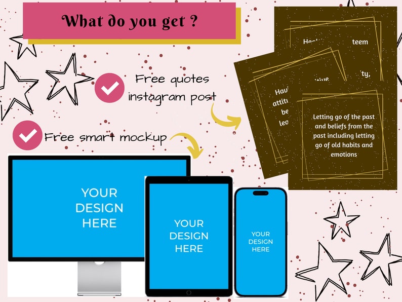 May include: A digital design mockup featuring a desktop computer, tablet, and smartphone with blue screens displaying "YOUR DESIGN HERE." The image includes text: "What do you get?" and "Free quotes instagram post" and "Free smart mockup."