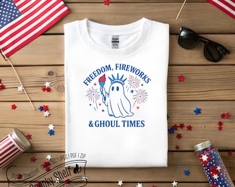 Freiheit Feuerwerk und Ghoul Zeiten SVG PNG PDF Jpeg | Lustige 4. Juli T-Shirt Halloween Sublimationsentwurf Patriotischer Geist Clipart Zip-Datei