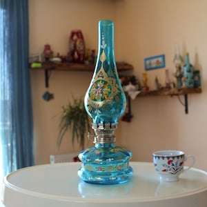 Decorative Oil Lamp, Kerosene Lamp with Handicraft Art, Cyan Color