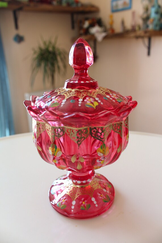 Decorative Antique Sugar Bowl With Lid Hand Painted Glass Etsy