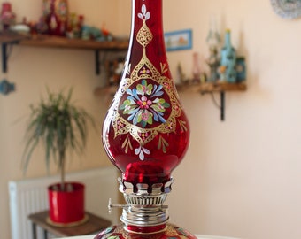 Decorative Antique Oil Lamp, Vintage Lamp, Kerosene Lamp with Handicraft Art - Medium Sized - Red