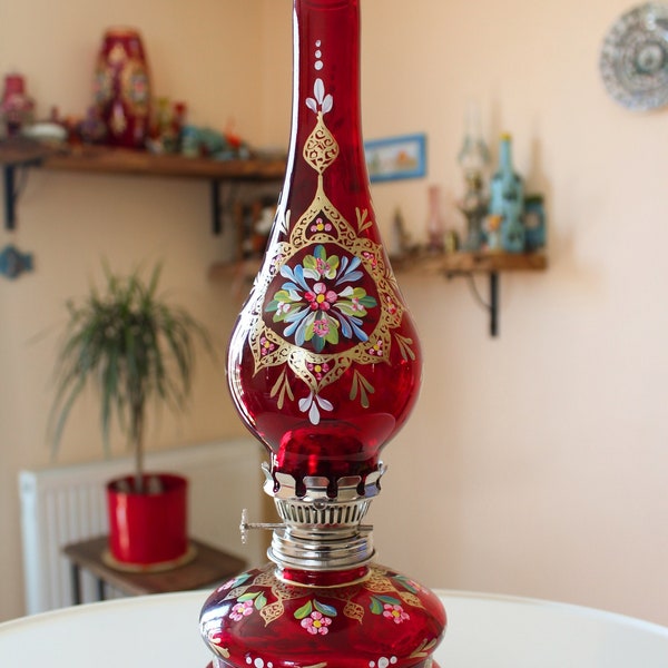 Decorative Antique Oil Lamp, Vintage Lamp, Kerosene Lamp with Handicraft Art - Medium Sized - Red