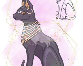 May include: A black cat with gold jewelry sits on a pink watercolor background with gold geometric shapes. The cat has a collar with colorful beads and a gold pendant. The cat is looking to the left.