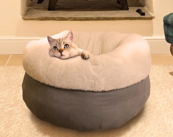 Handmade Cat Cave Cat House Snuggle Sack Puppy Bed UK Made Grey Faux Suede Cosy Warm Plush Machine Washable Cat Kitten Bed