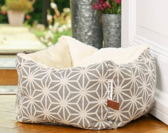 Cosy Cat Cave Raised Walls Warm Plush Cat Igloo Snuggle Sack Grey Pattern Soothing Cat Bedding Kitten Bed