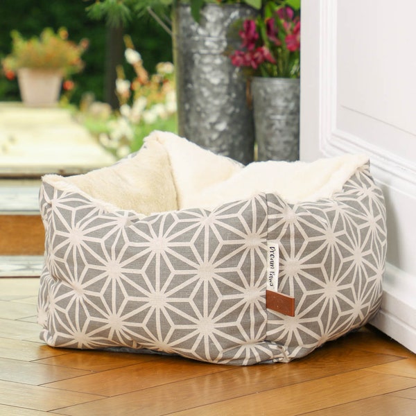 Cosy Cat Cave Raised Walls Warm Plush Cat Igloo Snuggle Sack Grey Pattern Soothing Cat Bedding Kitten Bed