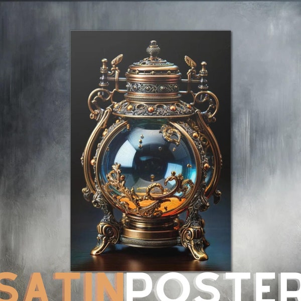 Elegante poster in raso Steampunk con decanter in vetro e ottone, decorazioni artistiche vintage industriali, di SkyRys