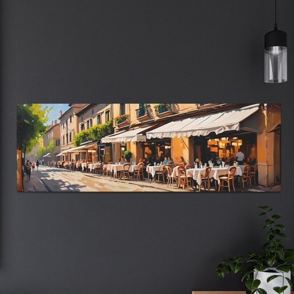 Breathtaking Italian Cafe Street View, Large Panoramic Wall Canvas Perfect for Dining Room Elegance, by SkyRys