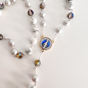 Swarovski pearl and crystal rosary with howlite gemstones and blue and gold centrepiece,