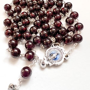 Red Garnet Gemstone Stone Rosary, with blue enamel centrepiece, Mens and Women’s Rosary