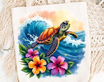 Sea Turtle PNG / Summer, Ocean Waves, Tropical Flowers, Hibiscus / Sublimation / Waterslide / Sticker, T-shirt, Sweater, Mug DFT Design