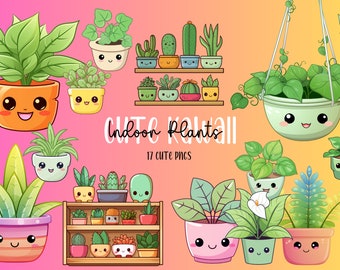 Kawaii Indoor Plants Clipart | 17 Cute Plant Graphics | Kawaii PNG Bundle | Cute Printable Stickers DFT Mug T-Shirt Design - Commercial Use