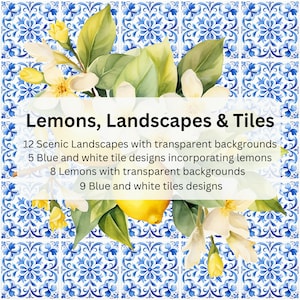 Italienische/Positano Aquarell Fliesen und Zitronen Clip Art / PNG Bundle / Scrapbooking, Junk Journal, Hochzeit Geburtstagseinladung