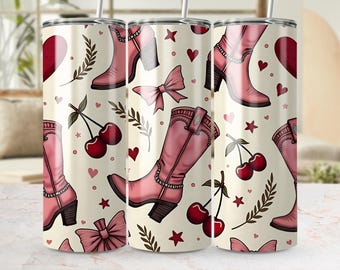 Coquette Cowgirl Vibes 20oz Tumbler Wrap, Western Tumbler Sublimation Design, Country Girl Tumbler, Cherries Tumbler, Hearts Tumbler Wrap