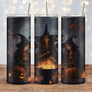May include: Three witches wearing black robes and pointed hats are gathered around a cauldron with a fire burning inside. They are in a dark forest setting with pumpkins and candles.
