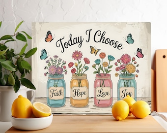 Floral Cutting Board Sublimation Design, Faith Love Hope Joy Chopping Board PNG, Rustic Floral Style Kitchen Decor Positive Affirmations