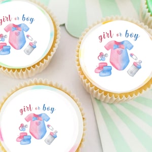 1, 15 or 30 Baby Shower or Gender Reveal / Blue and Pink Baby Clothes Design / Cupcake Cookie Cake Edible Toppers